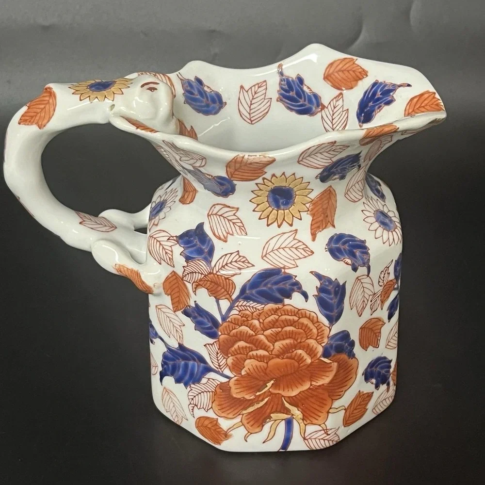 Victoria Ironstone Floral Pitcher Imari Style Hexagonal Monkey Handle Jug